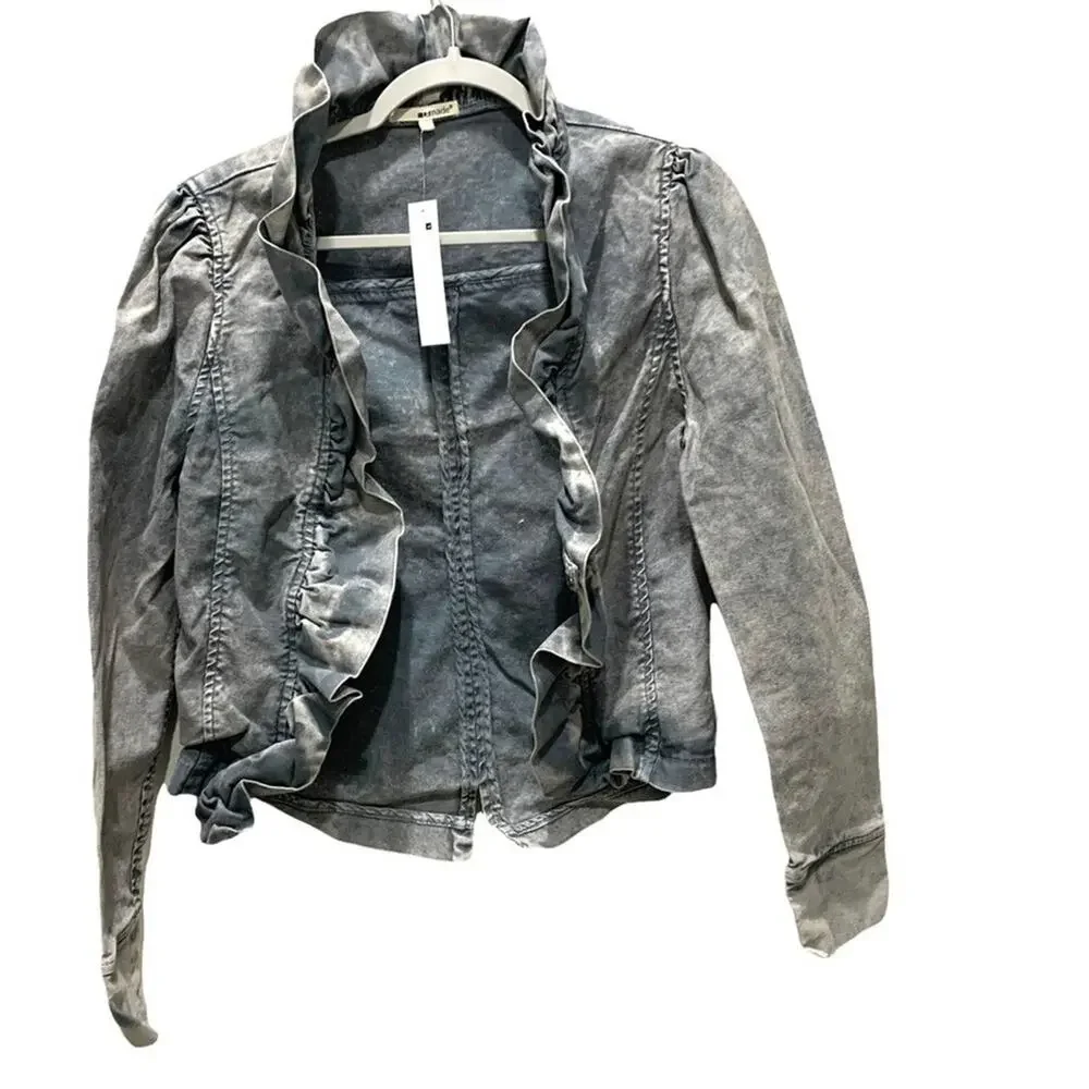 La made Ruffle Trim Denim‎ Jacket Women Large Blue Grey NWT Puffed Sleeve - Picture 4 of 9